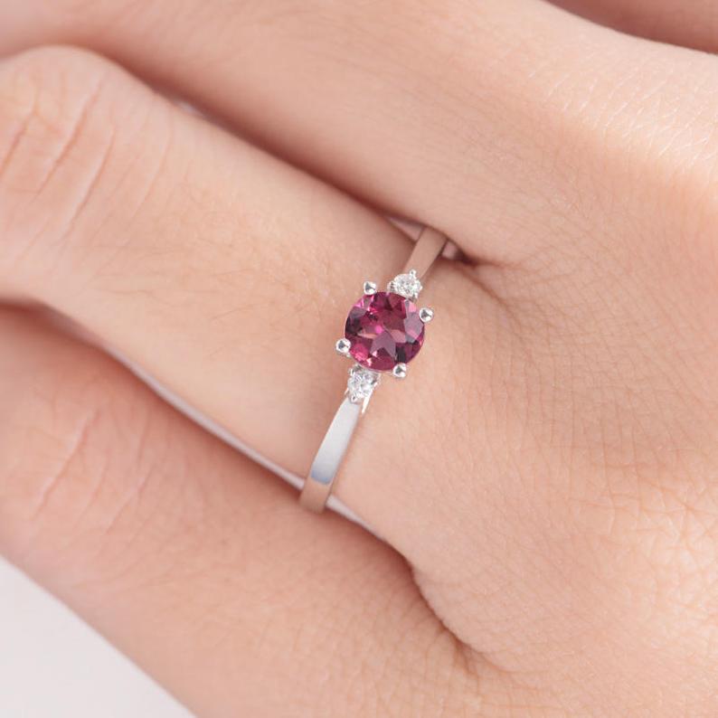 1.20 Ct Round Cut Pink Tourmaline & White CZ Three-Stone Promise Ring In 925 Sterling Silver