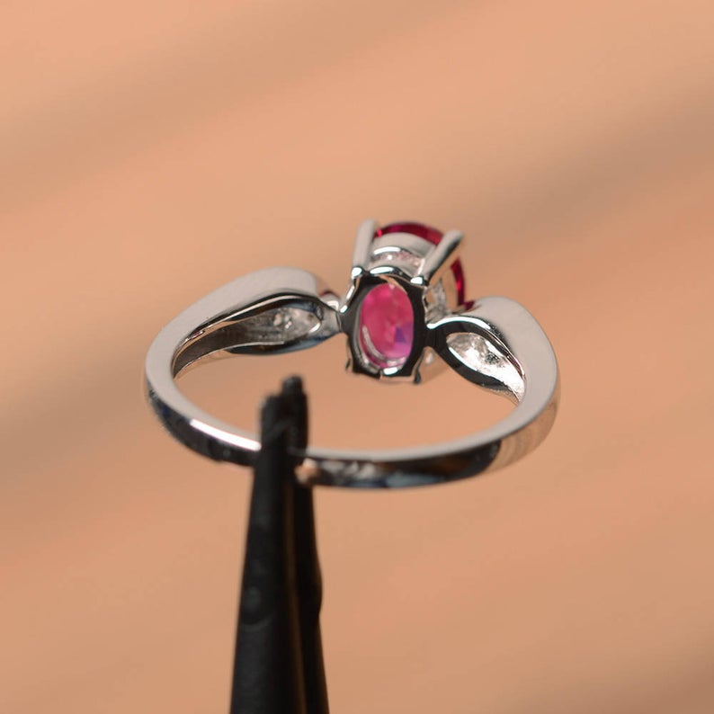 1.20 Ct Oval Cut Red Ruby & Round CZ 925 Sterling Silver Three-Stone Promise Gift Ring