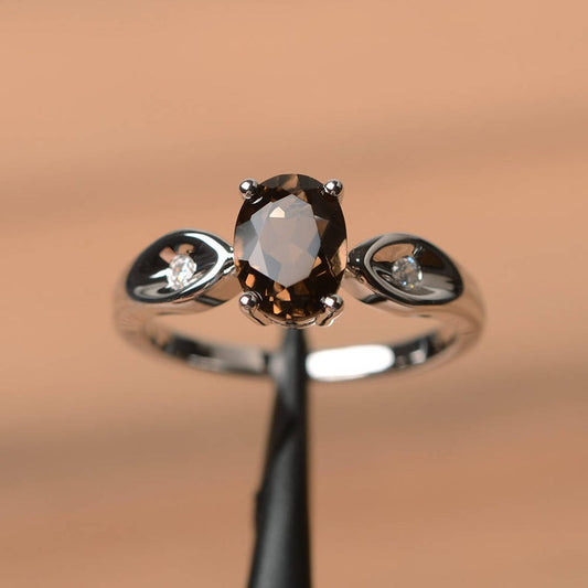 1.20 Ct Oval Cut Smoky Quartz Solitaire W/Accents Promise Gift Ring In 925 Sterling Silver
