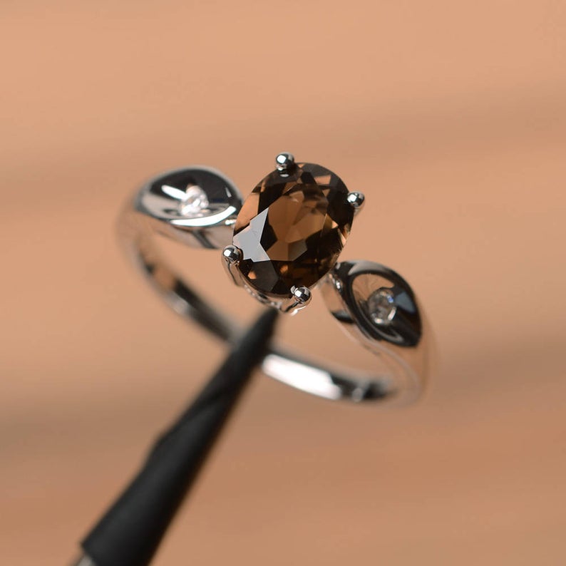 1.20 Ct Oval Cut Smoky Quartz Solitaire W/Accents Promise Gift Ring In 925 Sterling Silver