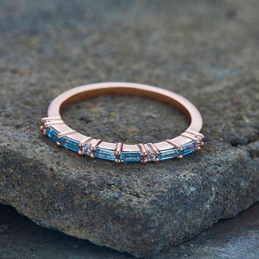 1.20 CT Baguette Cut Blue Topaz Diamond  Rose Gold Over On 925 Sterling Silver Eternity Band Ring