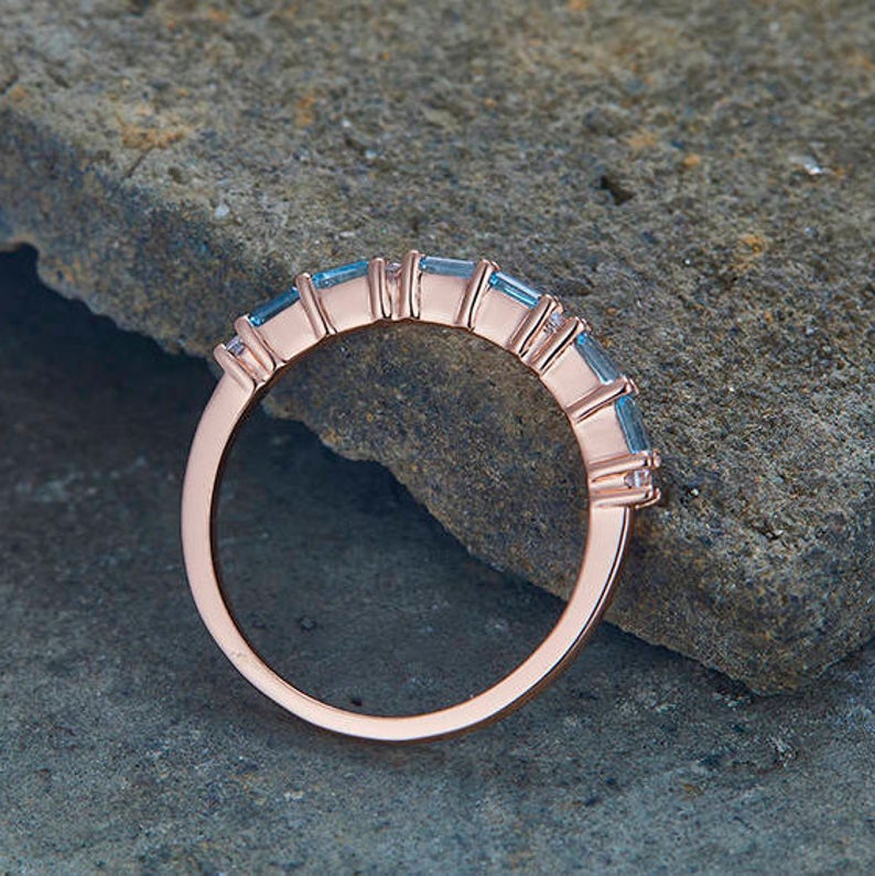 1.20 CT Baguette Cut Blue Topaz Diamond  Rose Gold Over On 925 Sterling Silver Eternity Band Ring