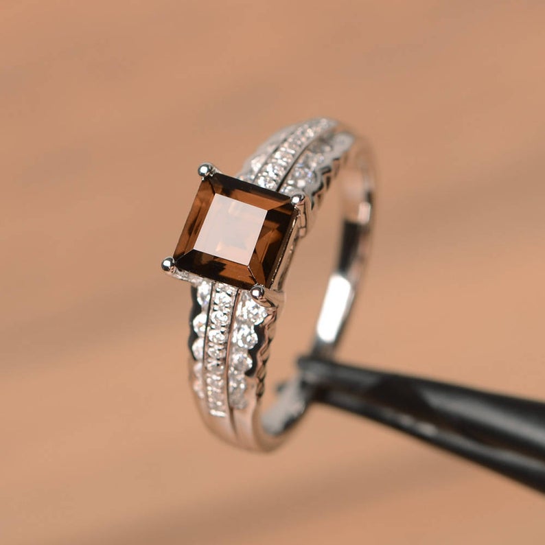 1.50 Ct Princess Cut Smoky Quartz Solitaire W/Accents Engagement Ring In 925 Sterling Silver