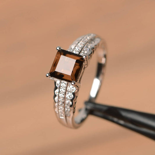 1.50 Ct Princess Cut Smoky Quartz Solitaire W/Accents Engagement Ring In 925 Sterling Silver