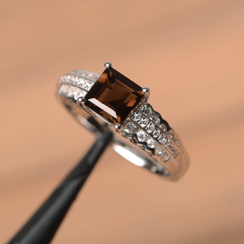 1.50 Ct Princess Cut Smoky Quartz Solitaire W/Accents Engagement Ring In 925 Sterling Silver