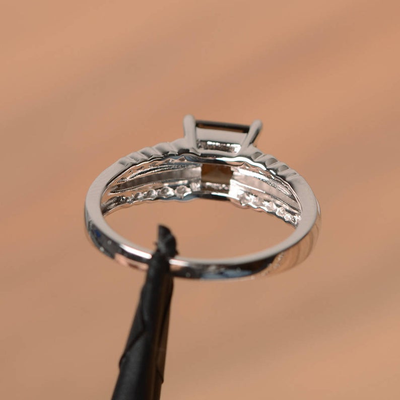 1.50 Ct Princess Cut Smoky Quartz Solitaire W/Accents Engagement Ring In 925 Sterling Silver