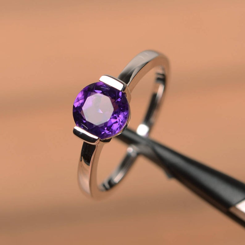 1.00 Ct Round Cut Bezel Set Purple Amethyst  925 Sterling Silver Solitaire Promise Ring