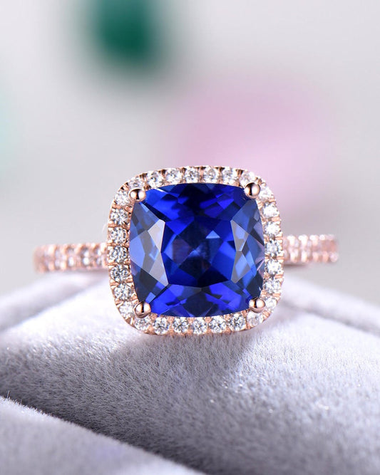 2 CT Cushion Cut Blue Sapphire Diamond 925 Sterling Silver Halo Women Wedding Ring