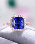 2 CT Cushion Cut Blue Sapphire Diamond 925 Sterling Silver Halo Women Wedding Ring