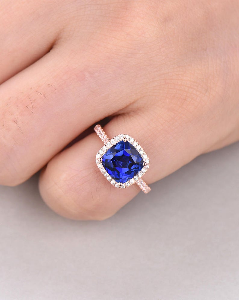 2 CT Cushion Cut Blue Sapphire Diamond 925 Sterling Silver Halo Women Wedding Ring