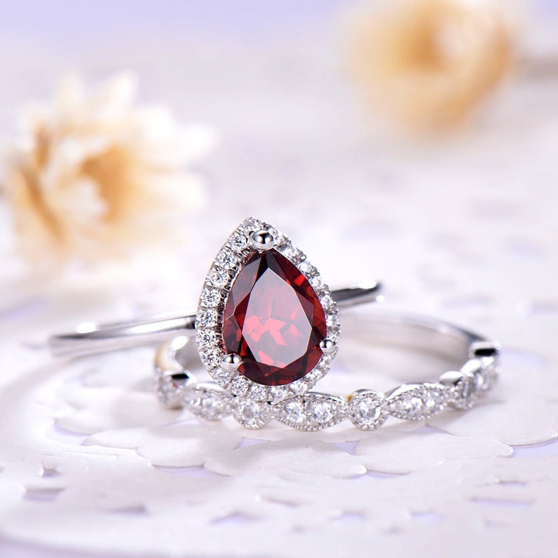 2.25 Ct Pear Cut Red Garnet White Gold Over On 925 Sterling Silver Engagement Bridal Ring Set