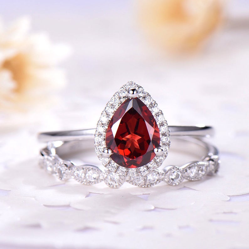 2.25 Ct Pear Cut Red Garnet White Gold Over On 925 Sterling Silver Engagement Bridal Ring Set
