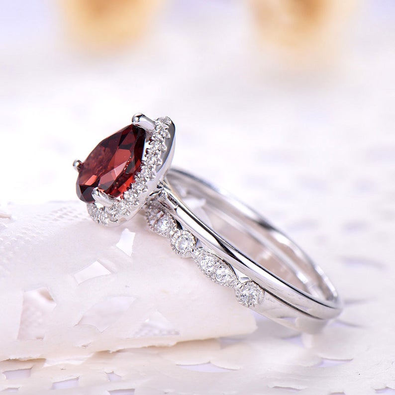 2.25 Ct Pear Cut Red Garnet White Gold Over On 925 Sterling Silver Engagement Bridal Ring Set
