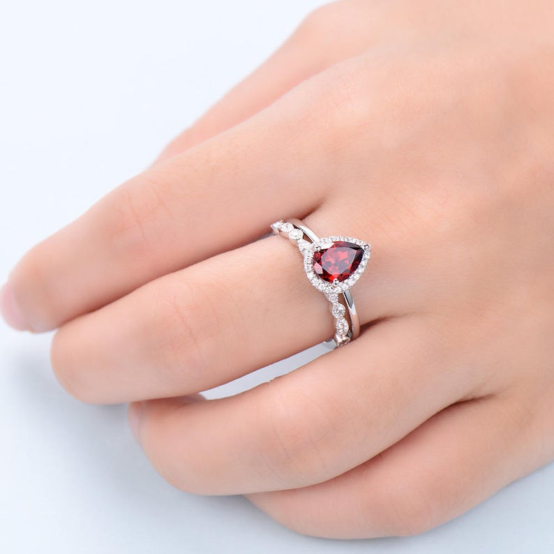 2.25 Ct Pear Cut Red Garnet White Gold Over On 925 Sterling Silver Engagement Bridal Ring Set