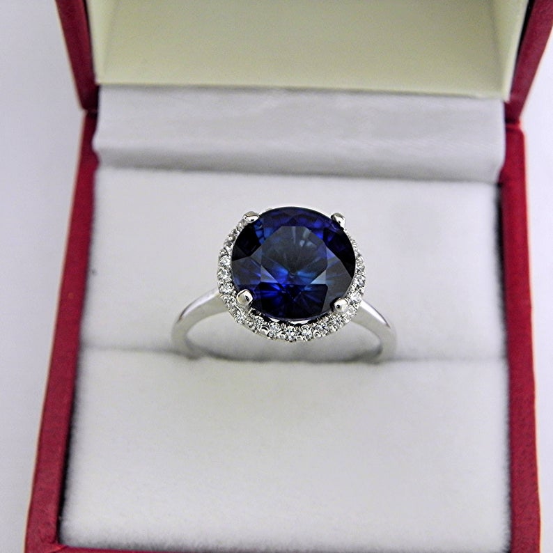 2 CT Round Cut Blue Sapphire Diamond 925 Sterling Silver Halo Anniversary Ring