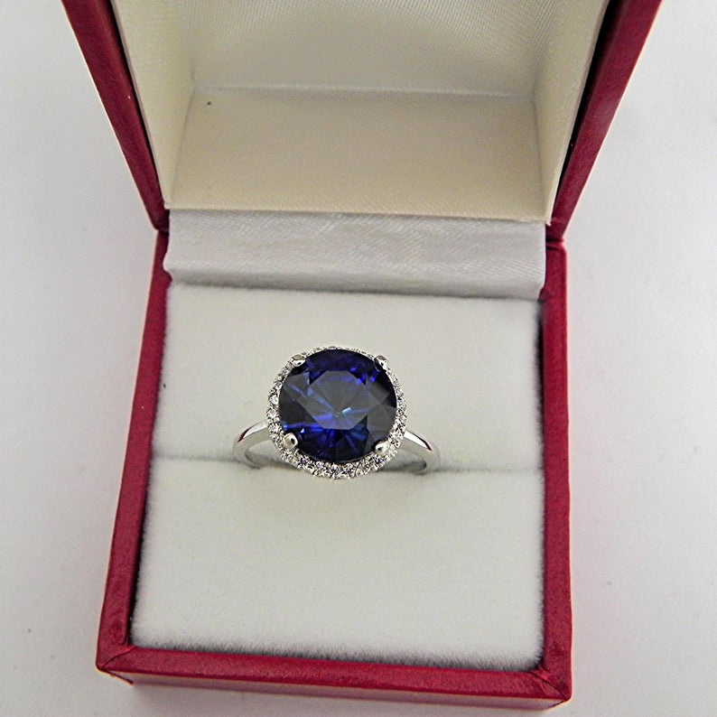 2 CT Round Cut Blue Sapphire Diamond 925 Sterling Silver Halo Anniversary Ring