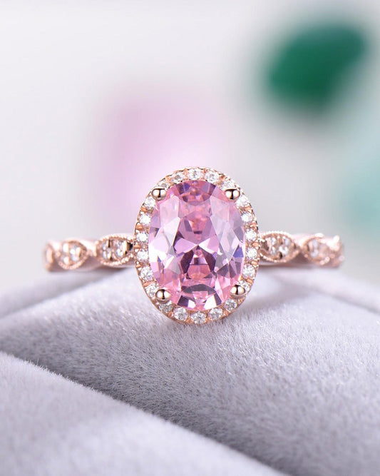 2.25 Ct Oval Cut Pink Sapphire Rose Gold Over On 925 Sterling Silver Halo Engagement Ring
