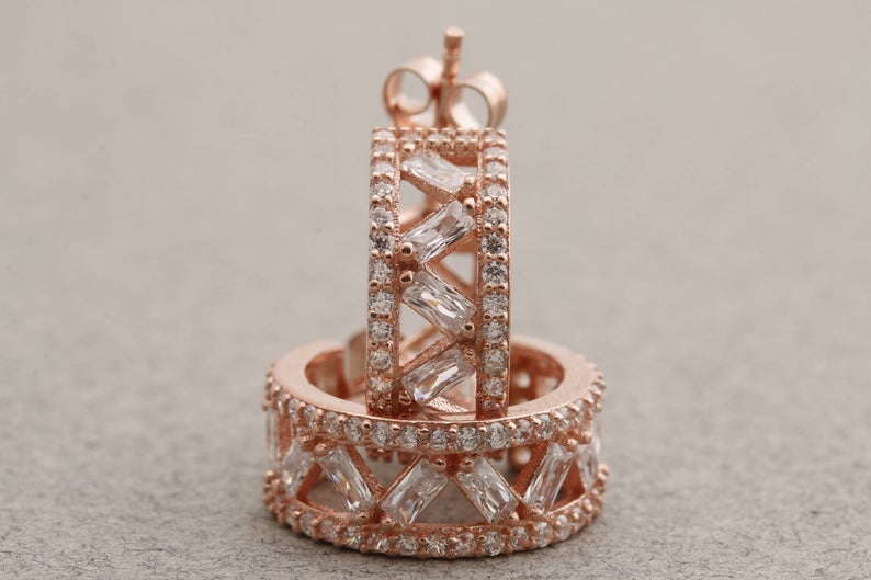 1.75 Ct Baguette Cut Diamond Rose Gold Over On 925 Sterling Silver Push Back Hoop Earrings