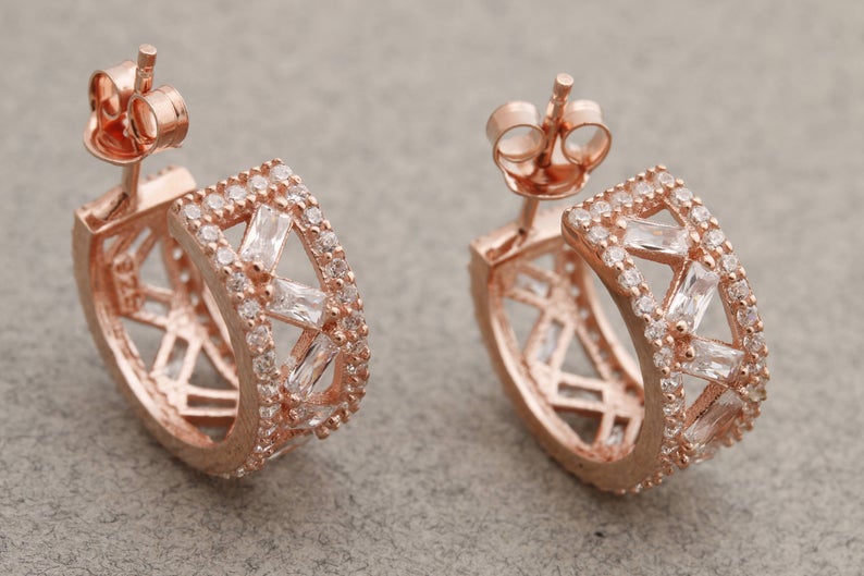 1.75 Ct Baguette Cut Diamond Rose Gold Over On 925 Sterling Silver Push Back Hoop Earrings