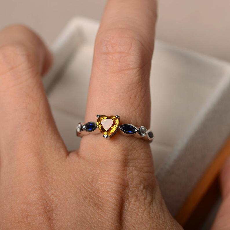 1.75 Ct Heart Cut Yellow Citrine & Marquise Sapphire Solitaire W/Accents Proposal Ring In 925 Sterling Silver