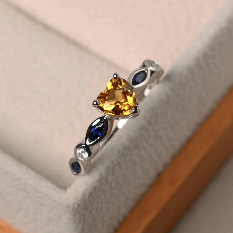 1.75 Ct Heart Cut Yellow Citrine & Marquise Sapphire Solitaire W/Accents Proposal Ring In 925 Sterling Silver