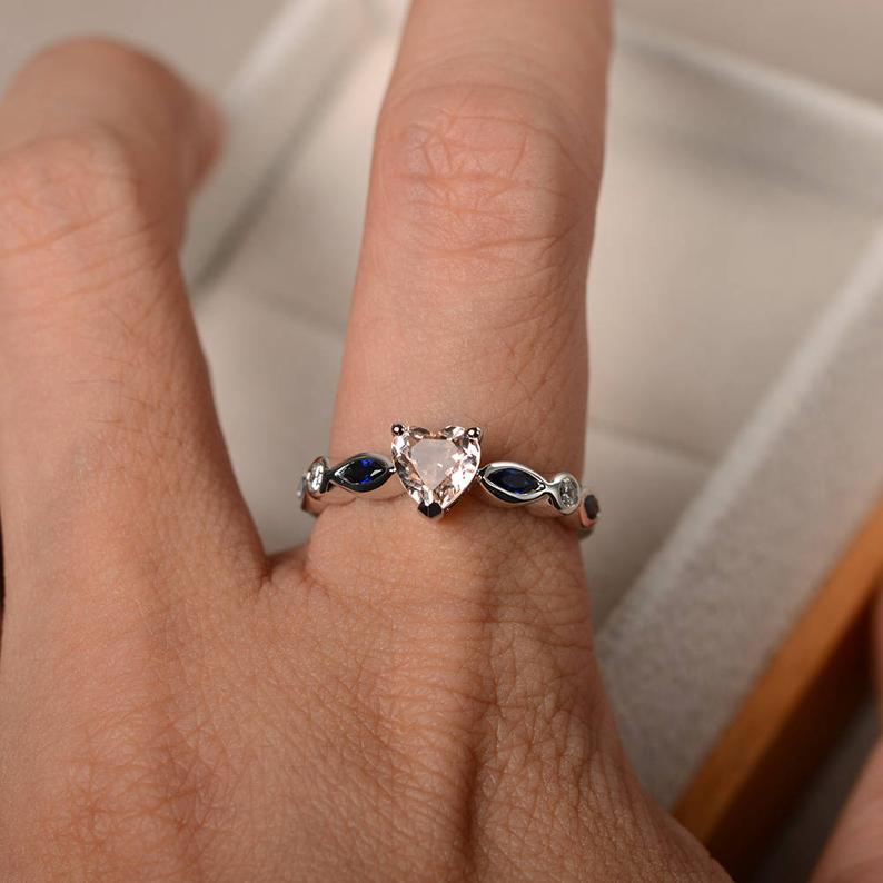 2.50 Ct Heart Cut Morganite & Marquise Blue Sapphire Proposal Ring In 925 Sterling Silver