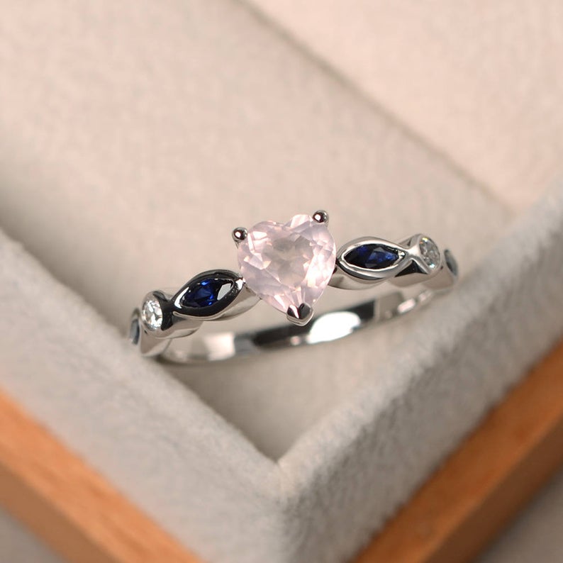 1.75 Ct Heart Cut Rose Quartz & Marquise Sapphire Proposal Ring In 925 Sterling Silver