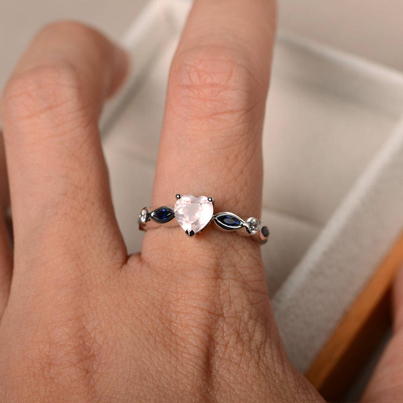 1.75 Ct Heart Cut Rose Quartz & Marquise Sapphire Proposal Ring In 925 Sterling Silver