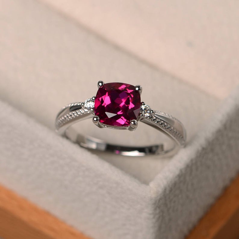 1 Ct Cushion Cut Red Ruby 925 Sterling Silver Three-Stone Promise Ring