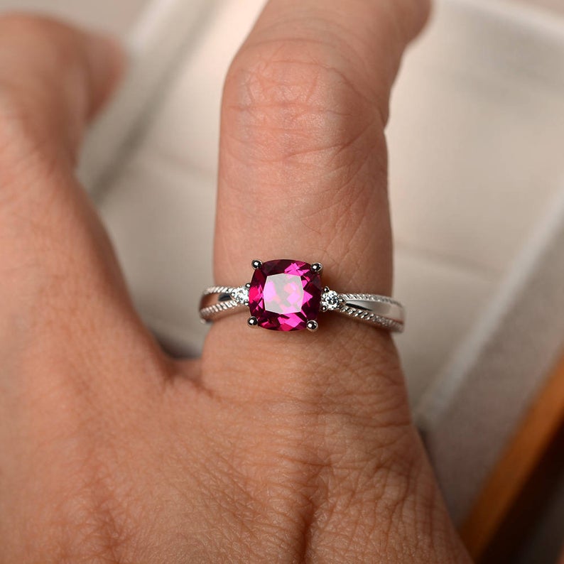 1.50 Ct Cushion Cut Red Ruby Three-Stone July Birthstone Ring In 925 Sterling Silver