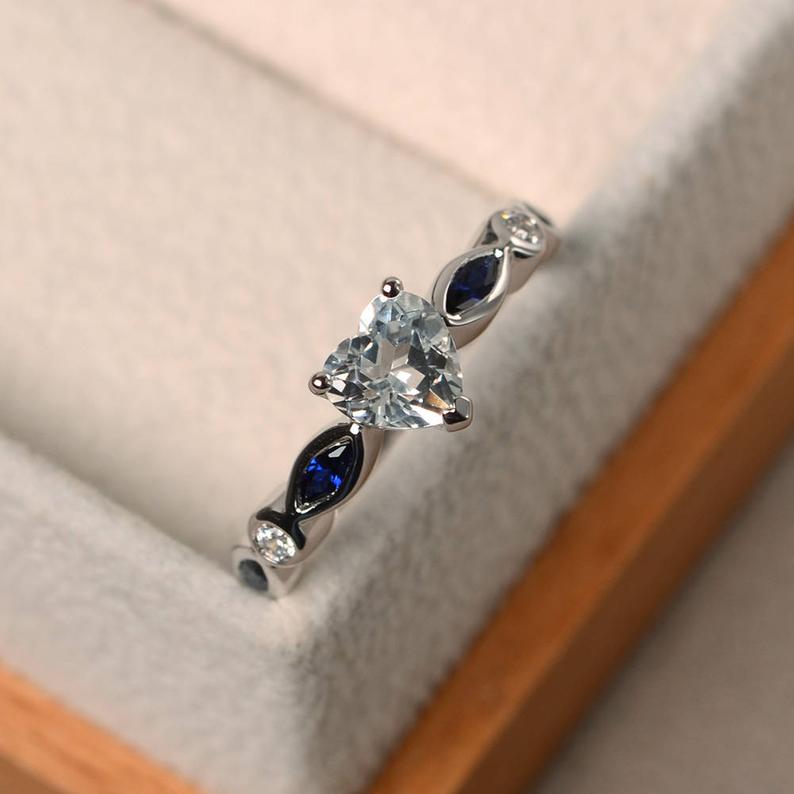 2.50 Ct Heart Cut White Topaz & Marquise Blue Sapphire Proposal Ring In 925 Sterling Silver