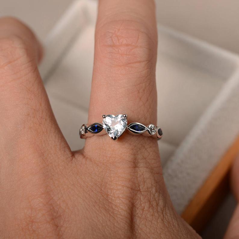 2.50 Ct Heart Cut White Topaz & Marquise Blue Sapphire Proposal Ring In 925 Sterling Silver