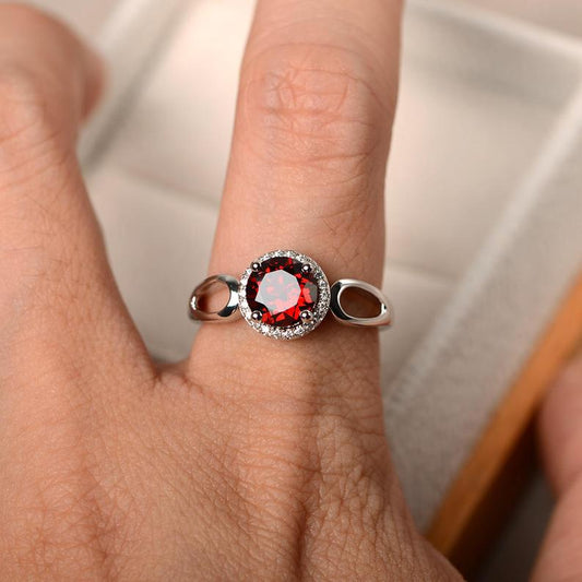 1.50 Ct Round Cut Red Garnet & Round Cz Halo Anniversary Gift Ring In 925 Sterling Silver