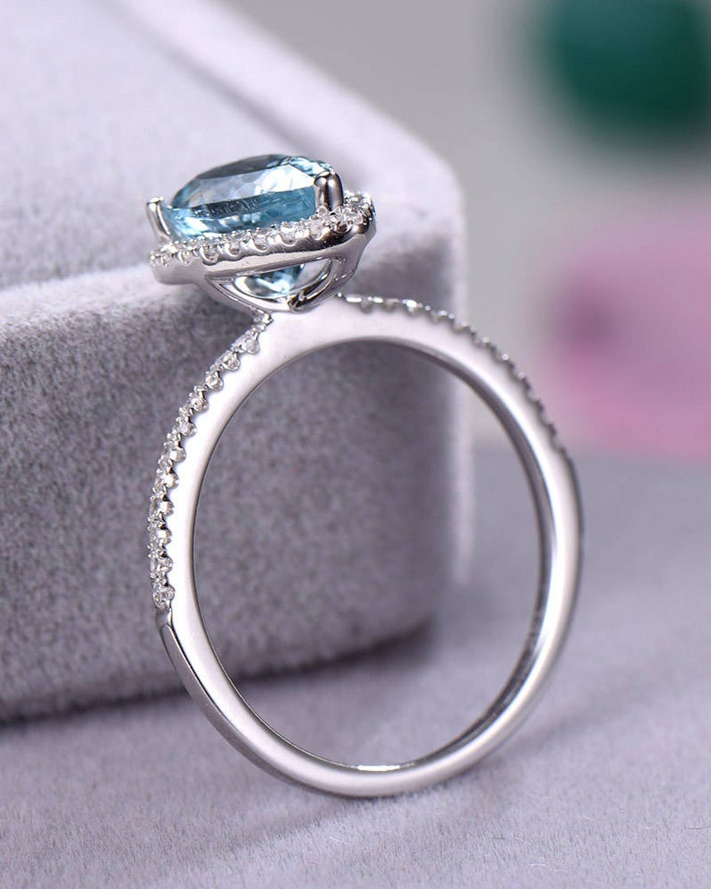 2.25 Ct Pear Cut Blue Aquamarine White Gold Finish 925 Sterling Silver Halo Engagement Ring