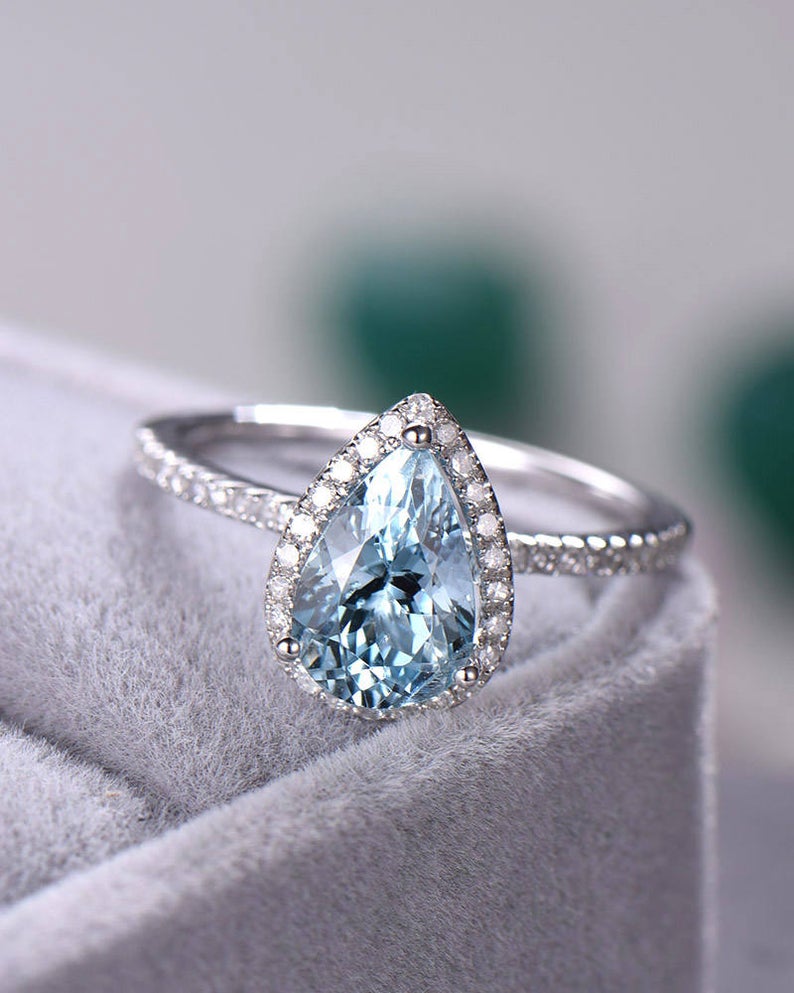 2.25 Ct Pear Cut Blue Aquamarine White Gold Finish 925 Sterling Silver Halo Engagement Ring
