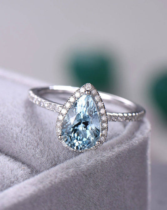 2.25 Ct Pear Cut Blue Aquamarine White Gold Finish 925 Sterling Silver Halo Engagement Ring