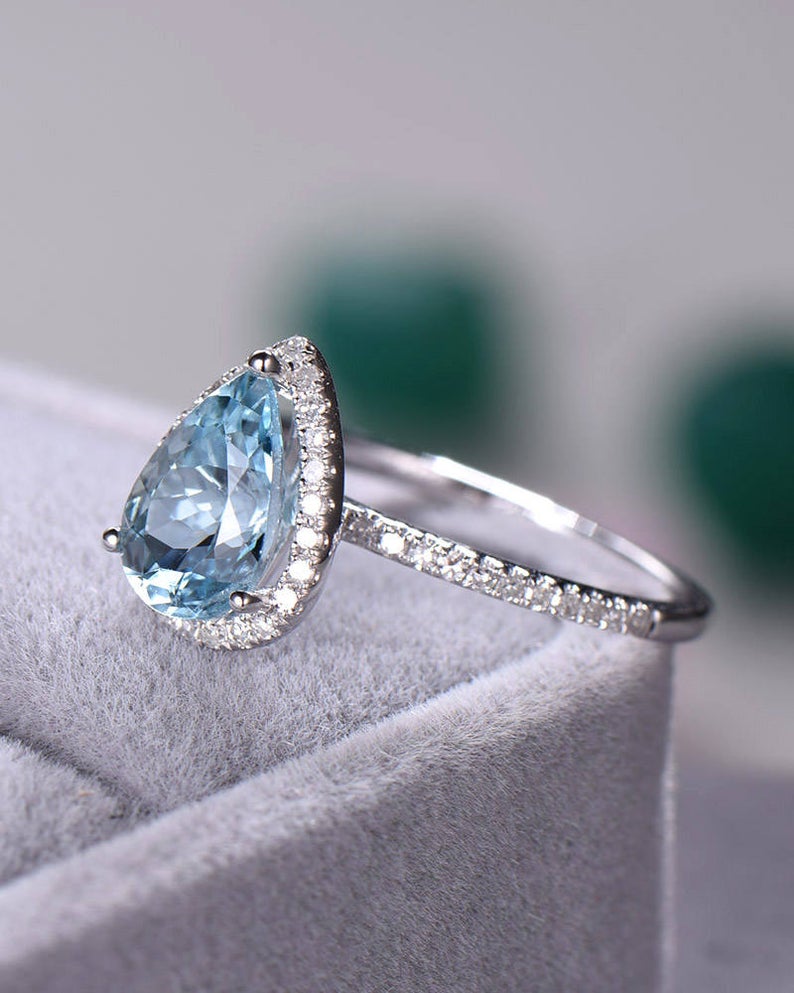 2.25 Ct Pear Cut Blue Aquamarine White Gold Finish 925 Sterling Silver Halo Engagement Ring