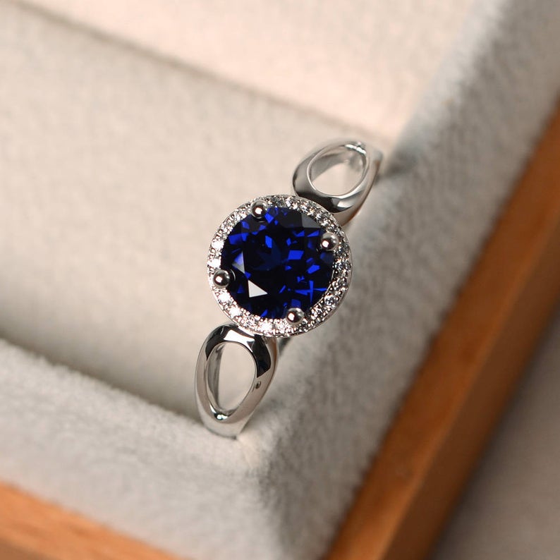 1.20 Ct Round Cut Blue Sapphire 925 Sterling Silver Split Shank Halo Anniversary Gift Ring