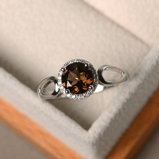 1.50 Ct Round Cut Smoky Quartz 925 sterling Silver June Birthstone Halo Ring