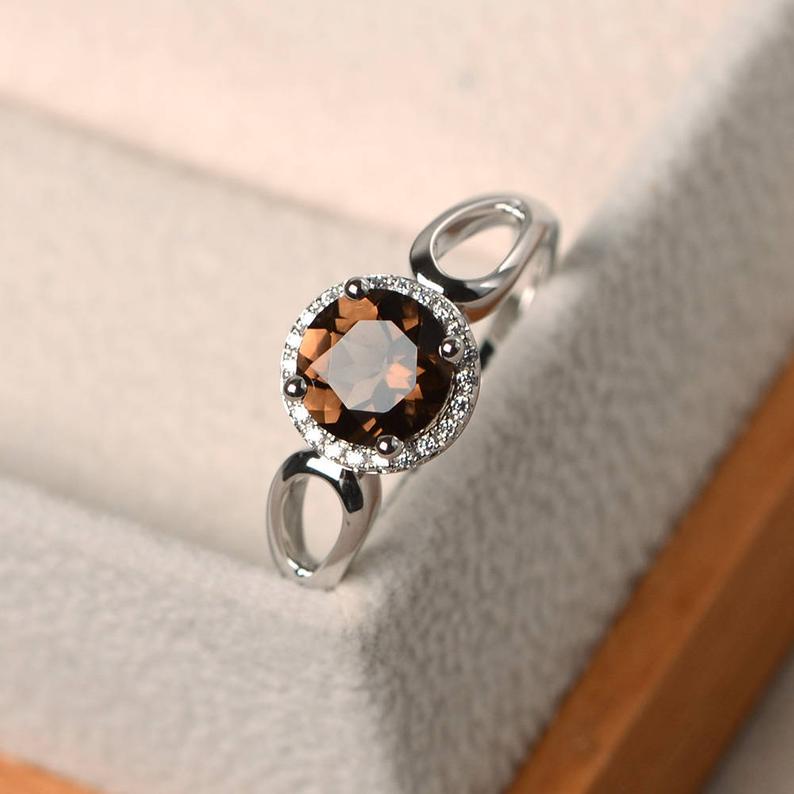 1.50 Ct Round Cut Smoky Quartz 925 sterling Silver June Birthstone Halo Ring
