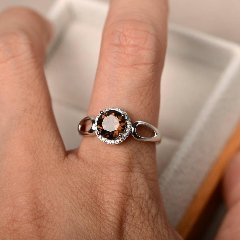1.50 Ct Round Cut Smoky Quartz 925 sterling Silver June Birthstone Halo Ring
