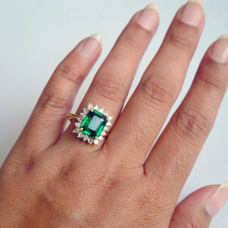 1 CT Emerald Cut Green Emerald Diamond 925 Sterling Silver Halo Engagement Ring