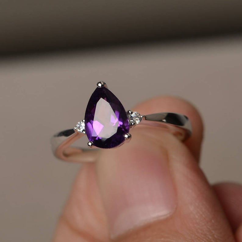 1.20 Ct Pear Cut Purple Amethyst 925 Sterling Silver Three-Stone Promise Gift Ring