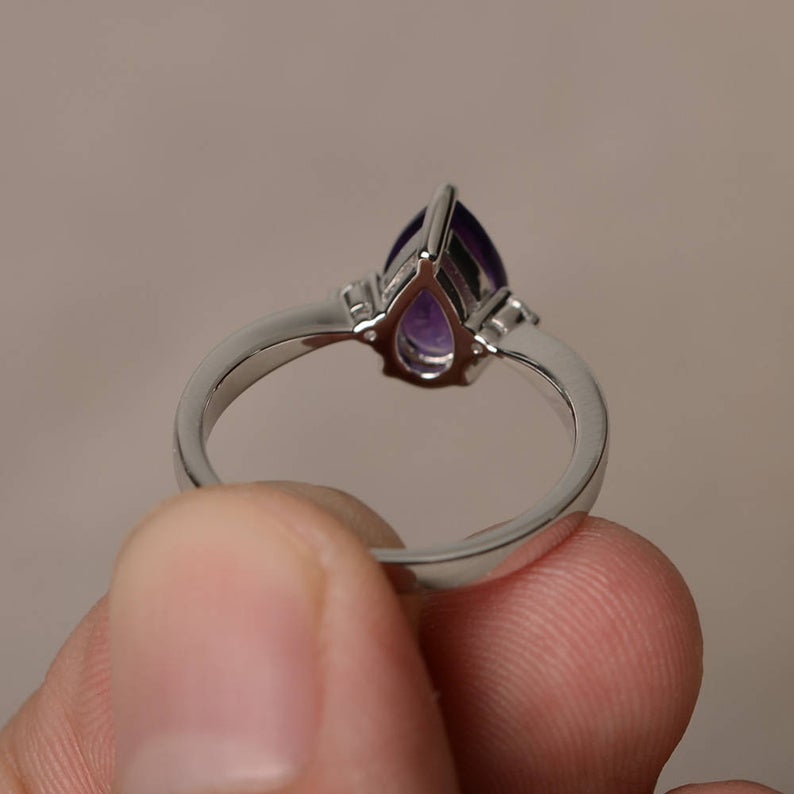 1.20 Ct Pear Cut Purple Amethyst 925 Sterling Silver Three-Stone Promise Gift Ring
