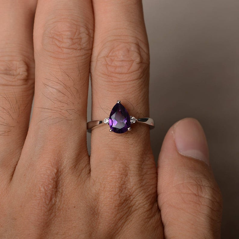 1.20 Ct Pear Cut Purple Amethyst 925 Sterling Silver Three-Stone Promise Gift Ring