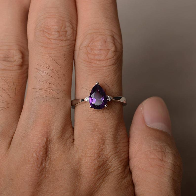 1.20 Ct Pear Cut Purple Amethyst Three-Stone Promise Gift Ring In 925 Sterling Silver