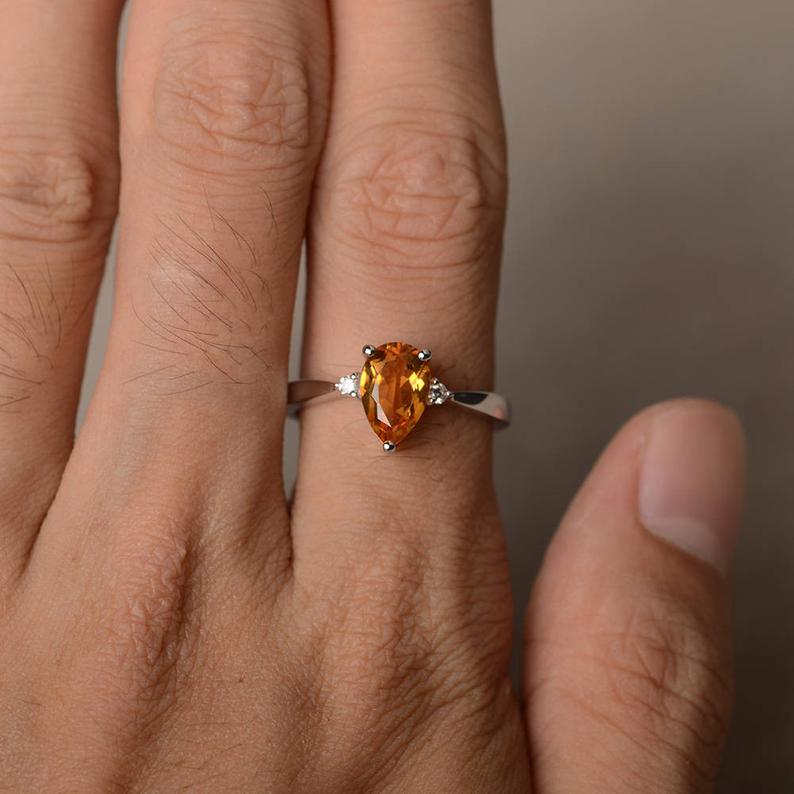 1.20 Ct Pear Cut Yellow Citrine & Round CZ 925 Sterling Silver Three-Stone Promise Ring