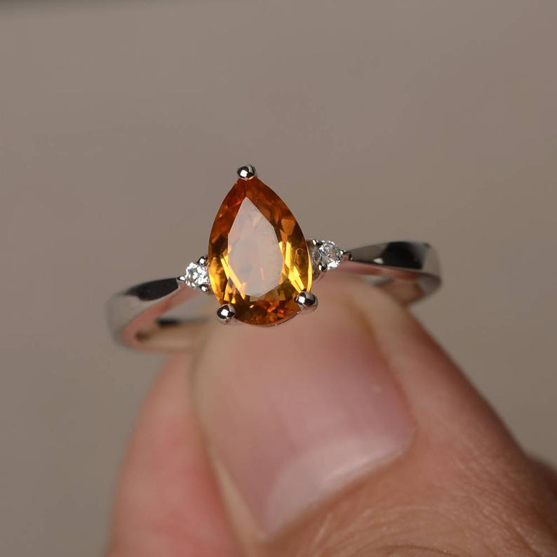1.20 Ct Pear Cut Yellow Citrine & Round CZ 925 Sterling Silver Three-Stone Promise Ring