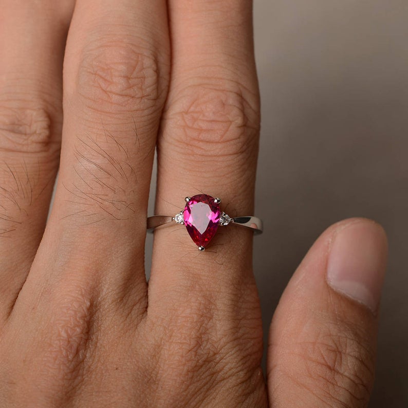 1.25 Ct Pear Cut Red Ruby 925 Sterling Silver Three-Stone Proposal Ring For Her