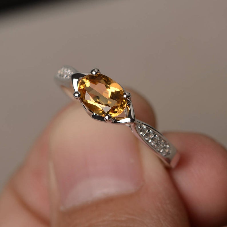 1.25 Ct Oval Cut Yellow Citrine 925 Sterling Silver Solitaire W/Accents Promise Ring